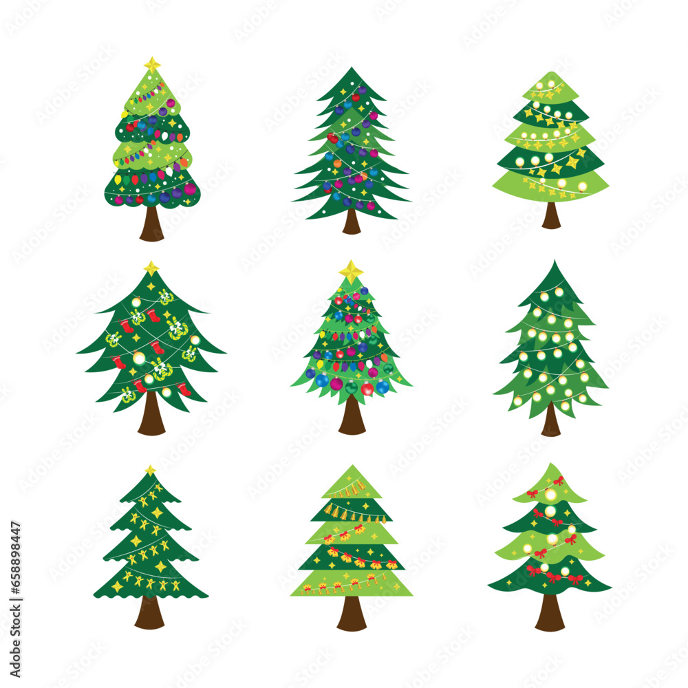 Set of Christmas trees in flat style. Collection of pine tree with decoration for Christmas.