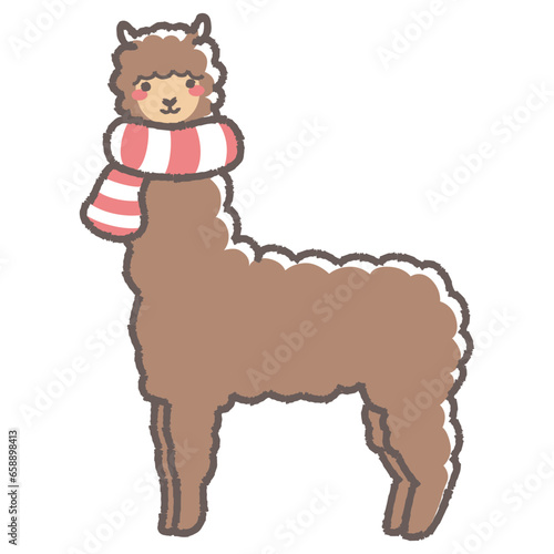 マフラーを巻いたふわふわのアルパカのイラスト（全身）