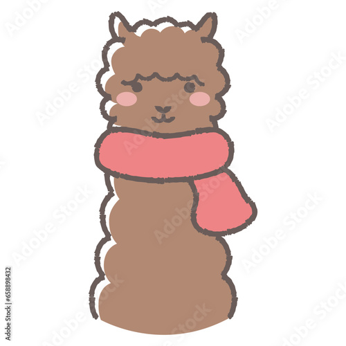 マフラーを巻いたふわふわのアルパカのイラスト（正面向きの顔）