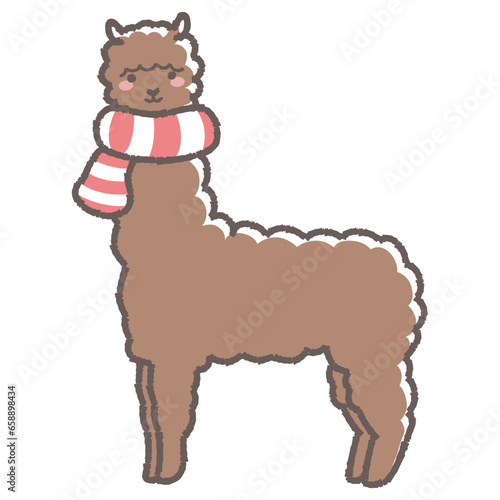 マフラーを巻いたふわふわのアルパカのイラスト（全身）