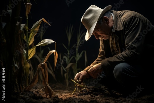 Farmer checks corn sprouts dramatic photography generative ai
