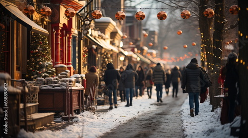 Crowd of people walking on a snowy street at Christmas time.