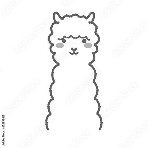 ふわふわのアルパカのイラスト（正面向きの顔）白黒