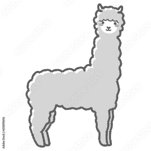 ふわふわのアルパカのイラスト（全身）白黒