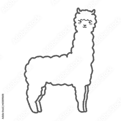 ふわふわのアルパカのイラスト（全身）白黒