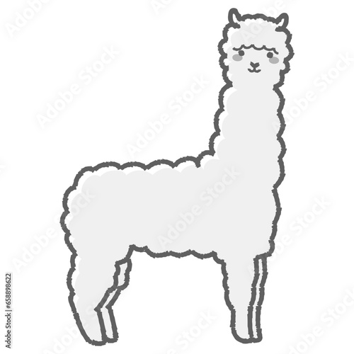 ふわふわのアルパカのイラスト（全身）白黒