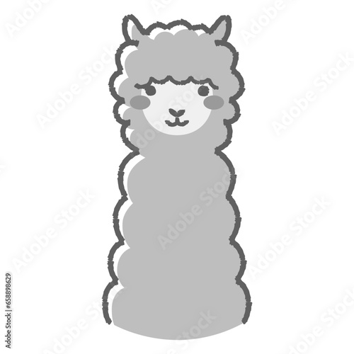 ふわふわのアルパカのイラスト（正面向きの顔）白黒