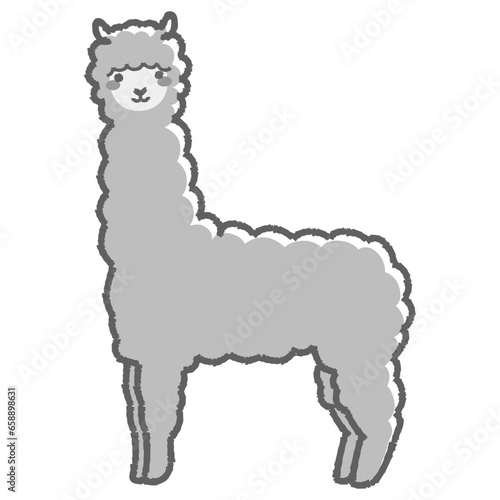 ふわふわのアルパカのイラスト（全身）白黒