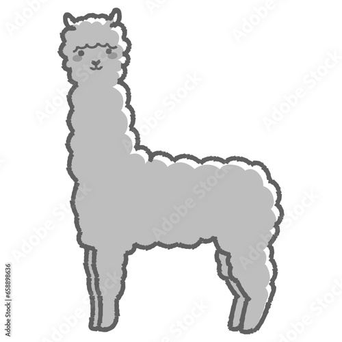 ふわふわのアルパカのイラスト（全身）白黒