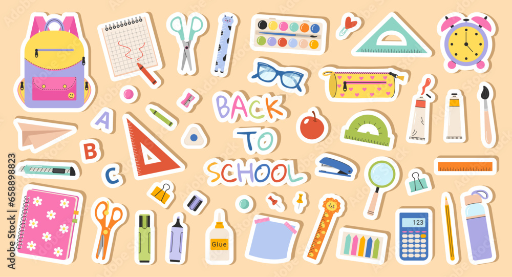 Back to school stickers vector. Set of cartoon school supplies isolated. Suitable for printing, cards, scrapbooking, notepads.