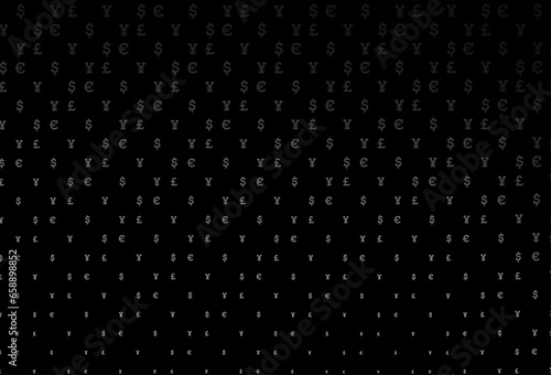 Dark silver, gray vector pattern with EUR, USD, GBP, JPY.