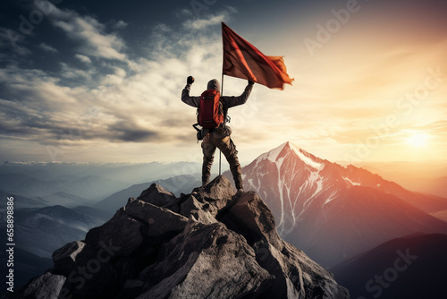 climber with flag conquering top of mountain