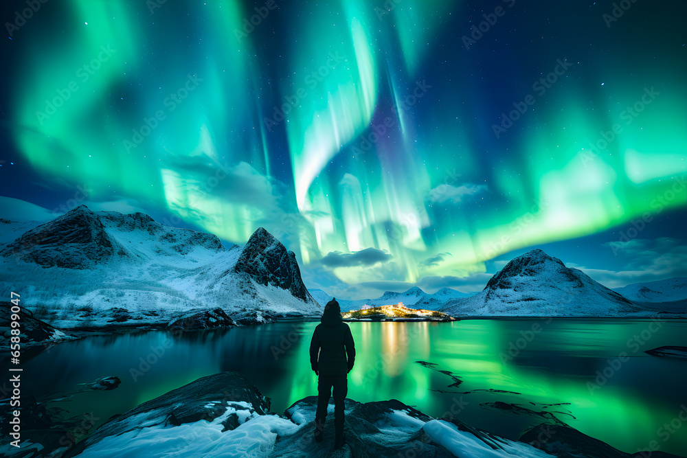 The mountaineer looks admiringly at the northern lights or Aurora phenomenon. Generative Ai. - obrazy, fototapety, plakaty 