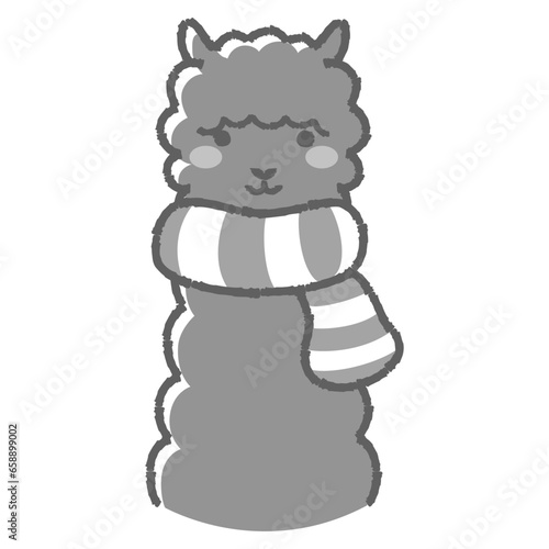 マフラーを巻いたふわふわのアルパカのイラスト（正面向きの顔）白黒