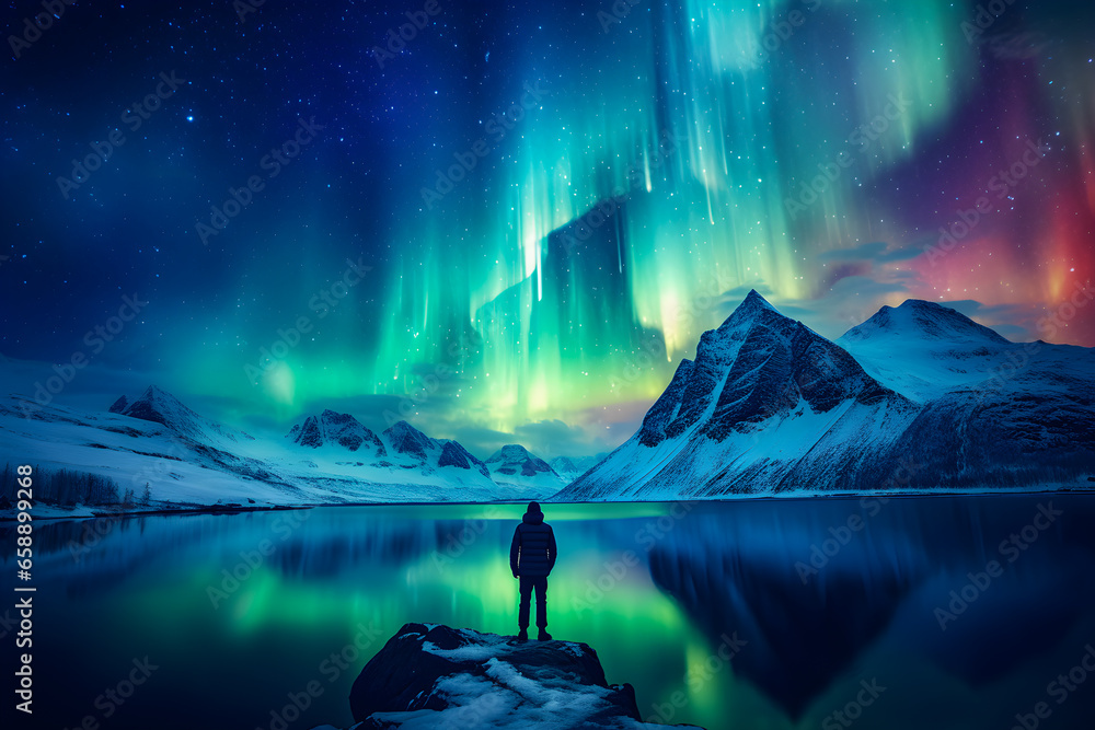 The mountaineer looks admiringly at the northern lights or Aurora phenomenon. Generative Ai. - obrazy, fototapety, plakaty 