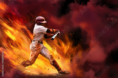 Photo of a baseball player in action, swinging the bat with determination © Anoo