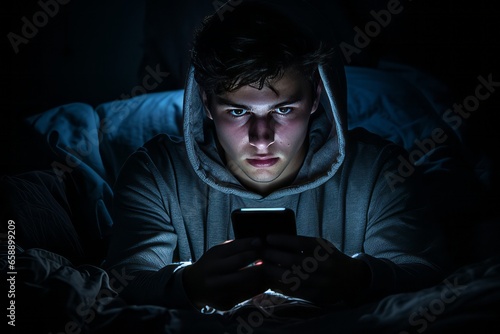 Caucasian teenager boy in grey hoodie using smartphone for playing multiplayer online battle arena game with his friend team but hide in bed at night