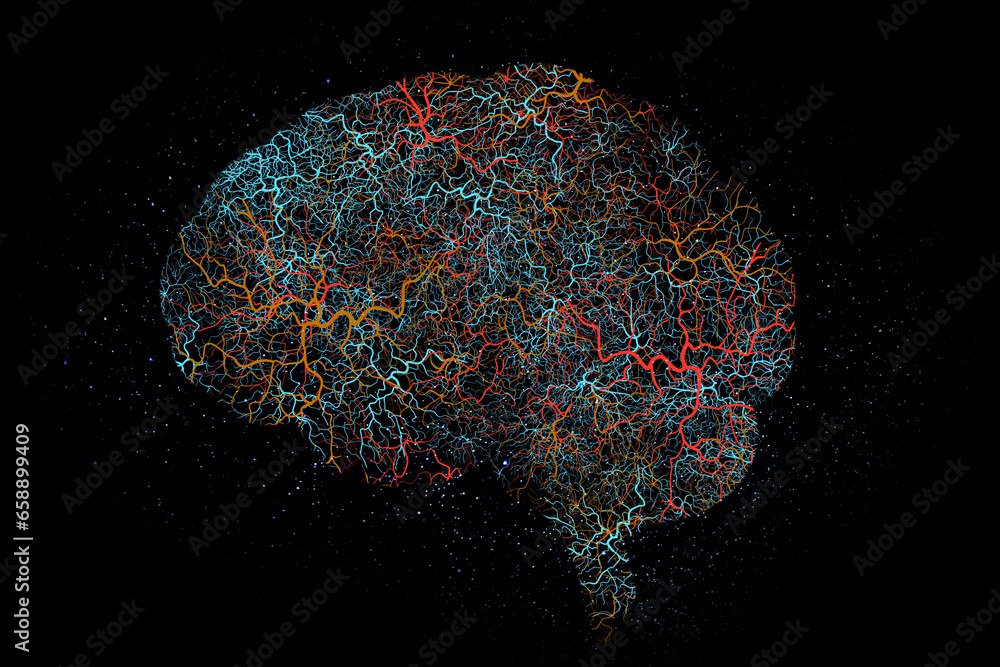 Brain graphic, neon neuro pattern and digital illustration with science ...