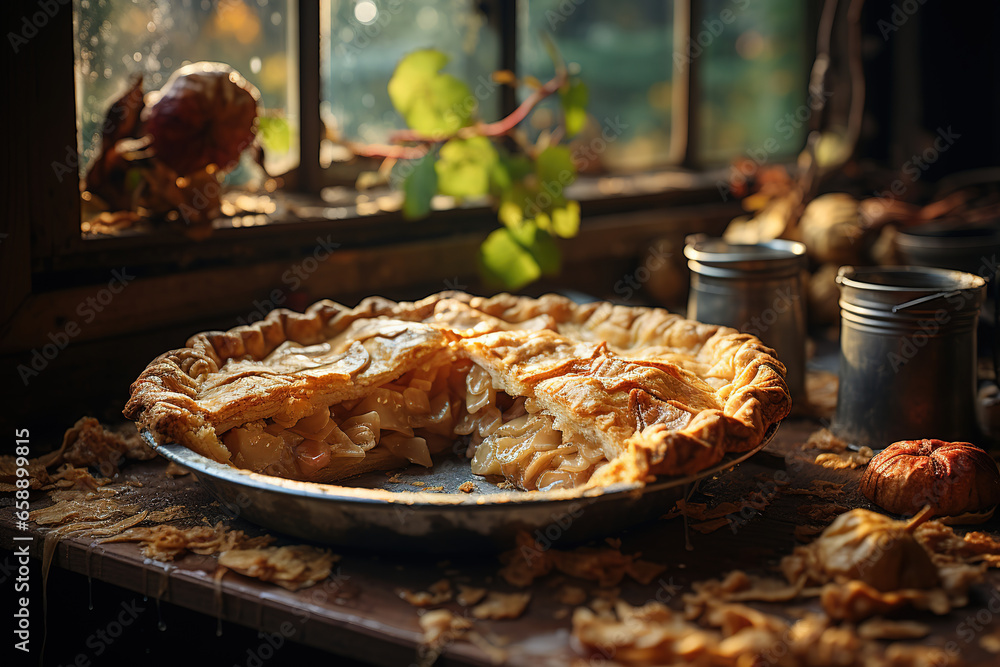 Lattice Crust apple pie, Creamy, Juicy, with a golden crust and glossy filling. Golden brown on the windowsill, with trees shedding leaves outside Lattice Crust apple pie, Creamy, Juicy, with a golden crust and glossy filling. Golden brown on the windowsill, with trees shedding leaves outside