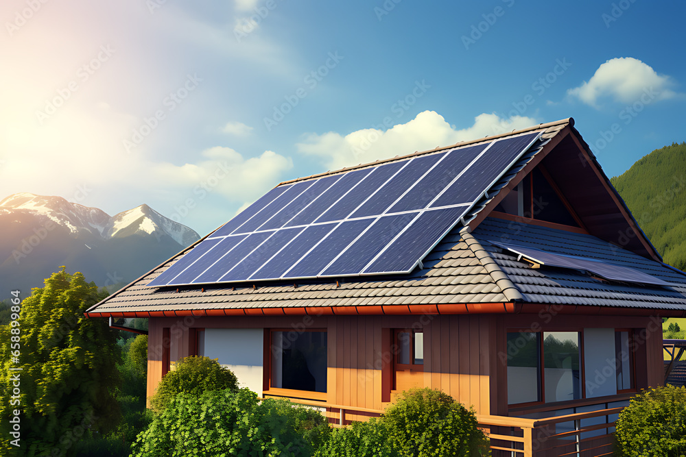 Solar cells on the roof of the house and sunlight on the roof of the house have a beautiful sky with a sunset. Alternative sources of electricity. Sustainable resource storage