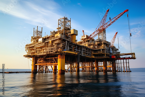 Petroleum drilling rig, offshore drilling rig during sunset © Surasak