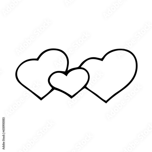 A group of hearts. Three elements. Vector doodles, contour, clipart, sketch, sketch, icon. Banner design, postcards. Valentine's Day, February 14.