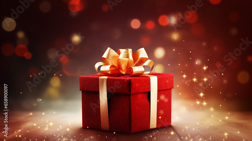 A dazzling red gift box adorned with a silky bow, radiating festive glimmers against a bokeh background © Artyom