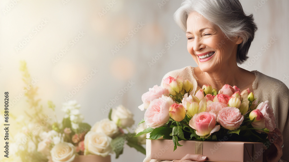 Obraz premium Elegant elderly woman with a gentle smile, holding a bouquet of fresh flowers, portrait