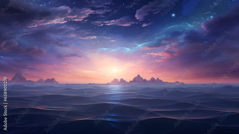 Digital art seascape, purple background