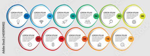 infographic template design, minimalist concept, interconnected circles with 11 steps, lines and colors in each step, good for your business presentation