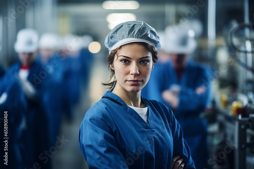 Female factory worker wearing a safety wear safety clothing in chemical factories generative ai