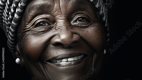 Smiling African old woman black background