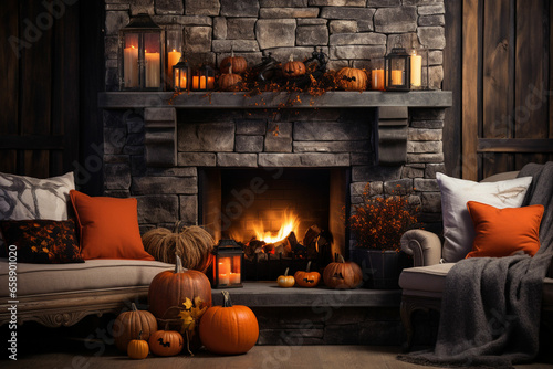 fall and Halloween decorated cozy fireplace