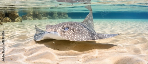 An olive grey kite shaped southern whiptail stingray with a spiny back barbed tail and bulging eyes glides in clear water over rippling sand With copyspace for text photo