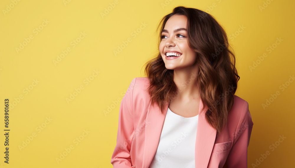 Cheerful and Stylish Beauty Business Girl in Bright Attire - Vibrant Solid yellow Background Cheerful and Stylish Beauty Business Girl in Bright Attire - Vibrant Solid yellow Background