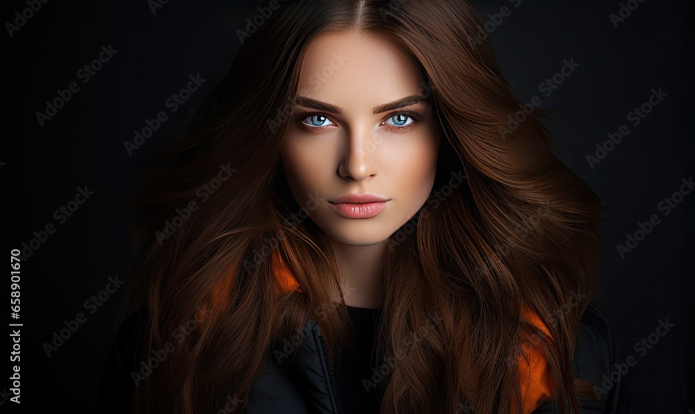 Photo of a woman with long brown hair and blue eyes Photo of a woman with long brown hair and blue eyes