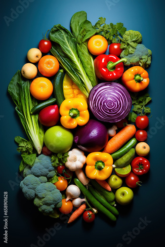 Colorful Mix of Fruits and Vegetables Assortment for Fitness  Top View Blue Background