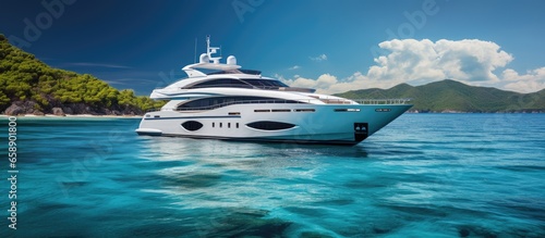 A luxury yacht sailing with a bow wave on a tropical sea With copyspace for text