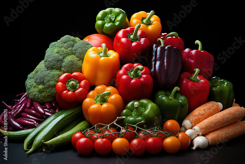 Colorful Mix of Fruits and Vegetables Assortment for Fitness, Side View Dark Background