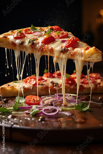 Traditional Italian Pizza: A steaming hot slice of pizza dripping with melted cheese and colorful toppings, served with fresh tomato sauce