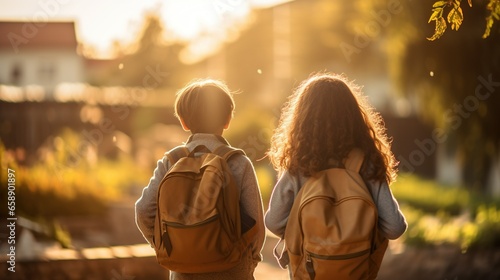 Kids wearing backpacks, back to school, golden hour subtle lens flare.