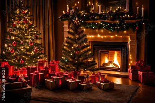 A mystical tree, a fireplace, and ominous presents serve as the inside Christmas decorations