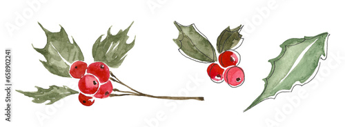Winter and Christmas plants.holly elements with green leaves and red berries on a white background, a branch, a bunch of berries and a separate leaf.Hand drawn watercolor image for the design of cards