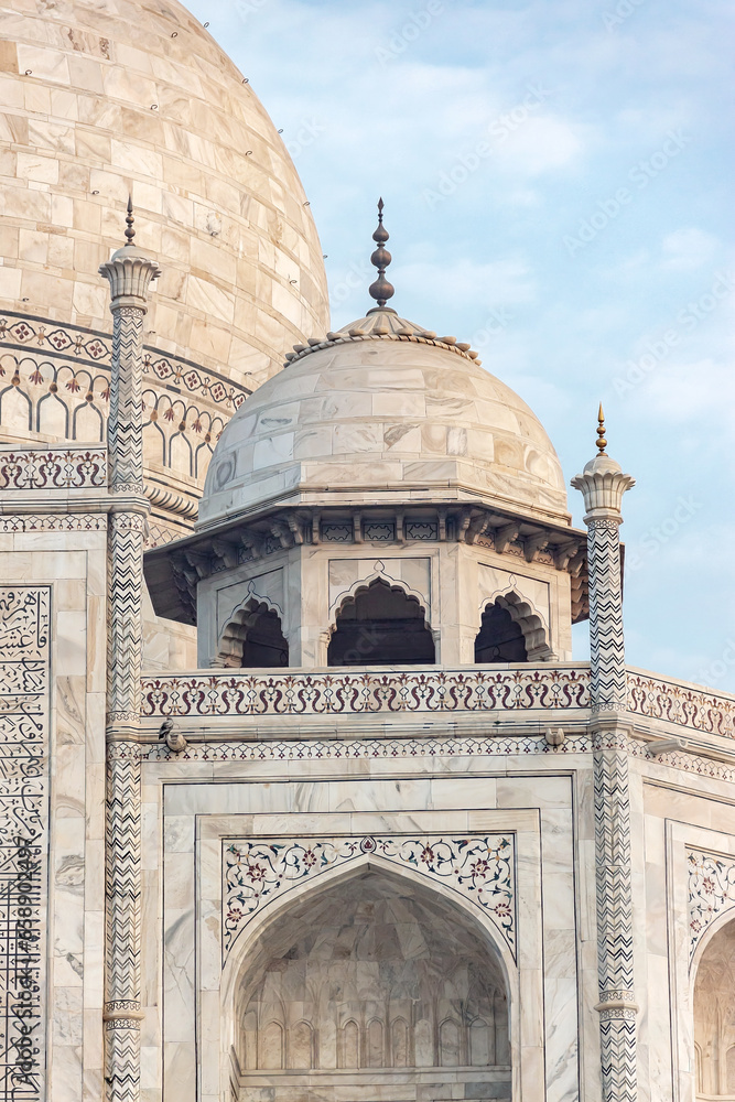 Main and smaller marble domes and decorative spires of Taj Mahal mausoleum. Close up fragment, cover book. Agra, Uttar Pradesh, India