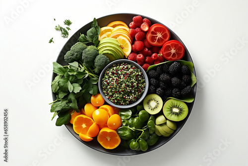 Vegan fruit platter with tomato orange strawberry berry kiwifruit broccoli in white background photo
