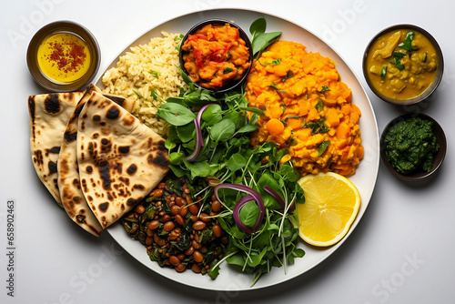 Vegan asian indian chapatti cuisine with dhal lentils curry for vegan day photo