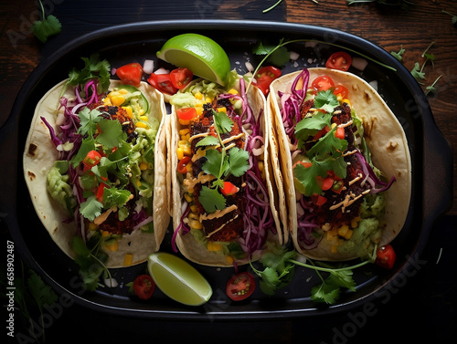 Vegan lettuce tacos with lime and tomato in pan wooden table