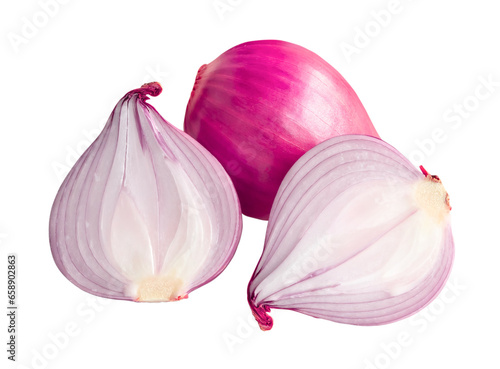 Fresh red onion bulb with two halves isolated on white background with clipping path in png file format