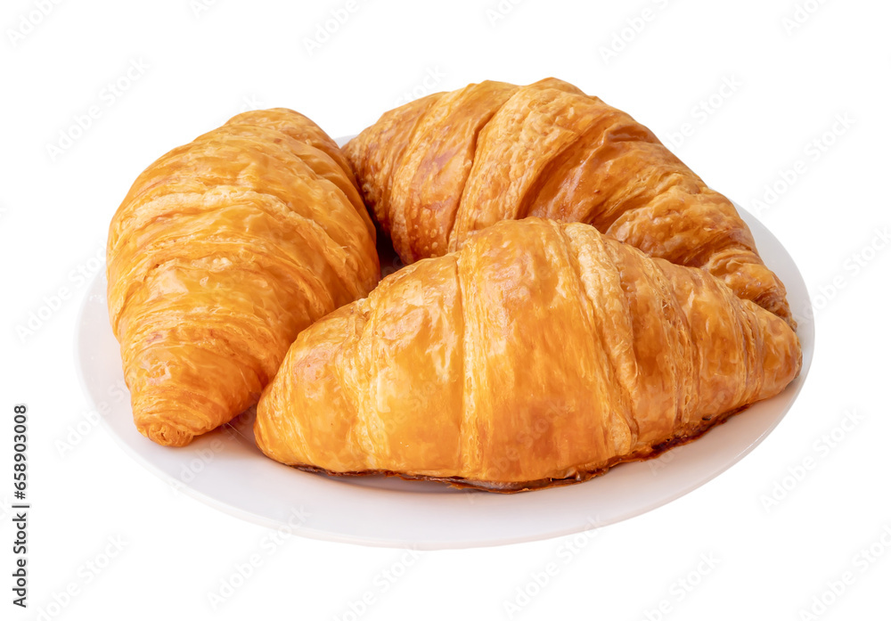 Appetizing croissants in white plate isolated on white background with clipping path