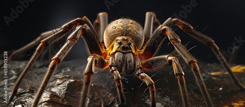 A photo of a large European cave spider a type of orbweaver captured in its web in a cave in the Swabian Alb With copyspace for text